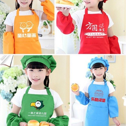 Custom logo-printed aprons for children, child-sized chef outfits with protective clothing, tailored for kindergarten watercolor painting.