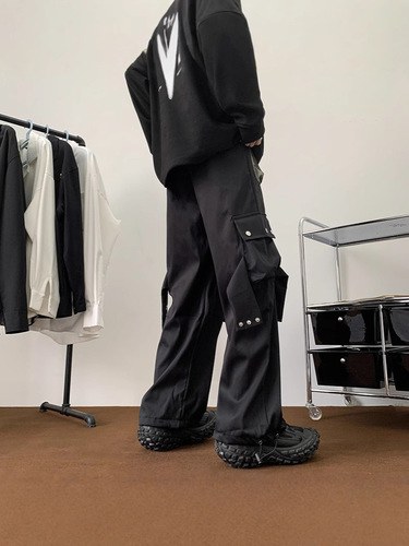 American street work pants for men and women, autumn and winter casual loose color-blocking pocket straight-leg tie-up wide-leg long pants, trendy