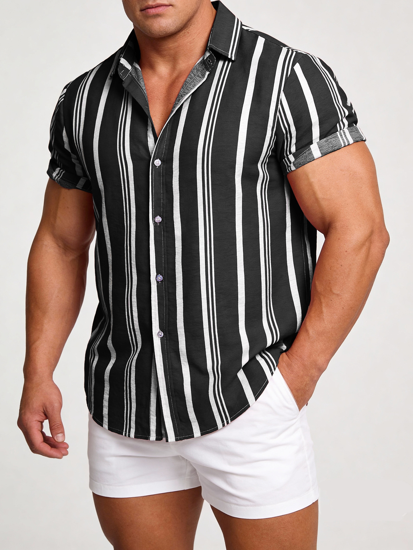 Ropa Masculina Transfronteriza, Primavera-Verano 2026, Nuevas Camisas para Hombre, Camisas Casuales de Manga Corta con Estampado de Rayas para Hombre