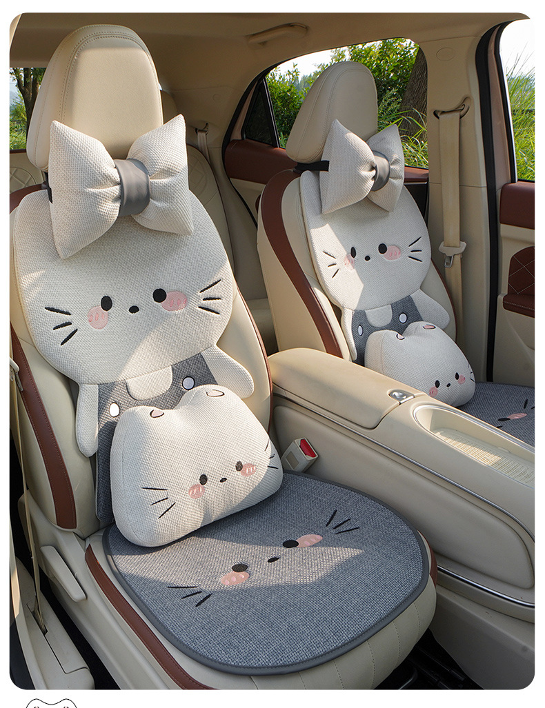 Linen Car Seat Cushion, Universal for All Seasons, Breathable Car Rear Seat Cushion, Stereo Cute Cat Cartoon, Cute Female Seat Cover