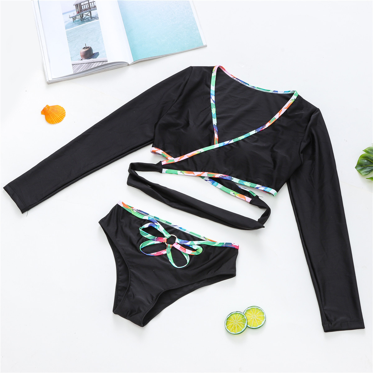 Neuer, langärmeliger, einfarbiger, sexy Badeanzug für den Export, beliebt bei AliExpress, Damen-Bikini-Bademode, 124 Stück auf Lager_voghion.com