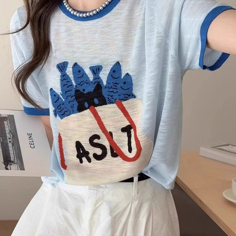 Blue Cartoon Ice Silk Women's 2025 Summer New Short-Sleeve T-Shirt Korean Style Unique Beautiful Top Trendy Cartoon T-Shirt