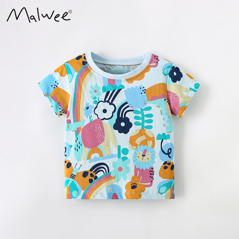 Malwee niños de manga corta ropa de verano nueva camiseta europea y americana para niños pequeños cuello redondo casual impresión guapo chaqueta infantil