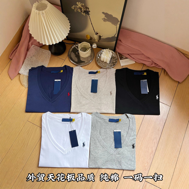 Original Export Version, Scanable 100 Cotton Embroidered Pony Logo V Neck T-Shirt, Comfortable, Thin, Breathable and Simple Women's Top