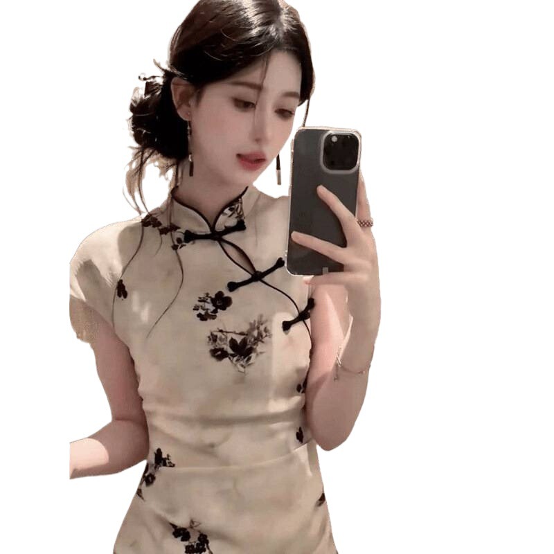 フランス風中国風水墨画ボタン付きドレス女性の夏のスタンドカラースリムフィット純粋な欲望の気質新しい中国風スリット改良|undefined