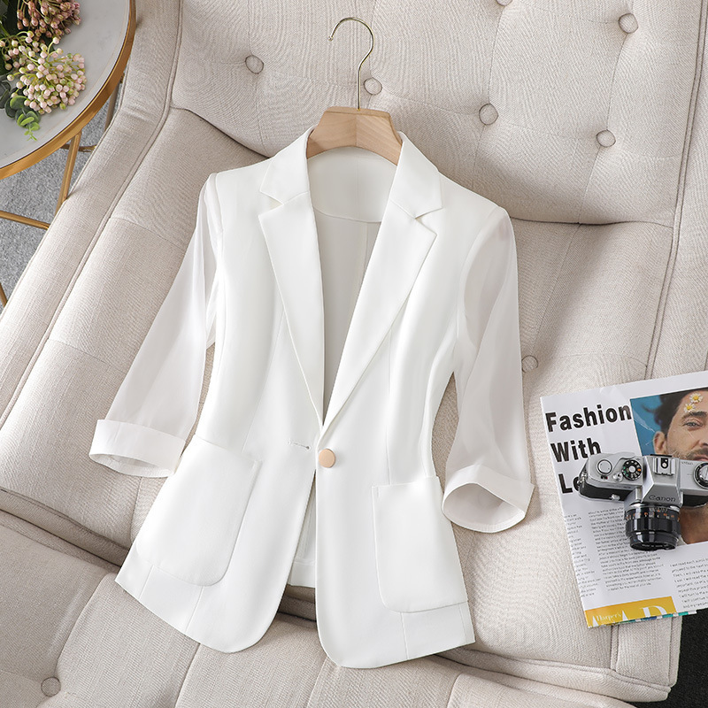 Thin Mesh White Blazer for Women, Elegant Three-Quarter Sleeves, Summer Casual Outerwear for Petite Figures