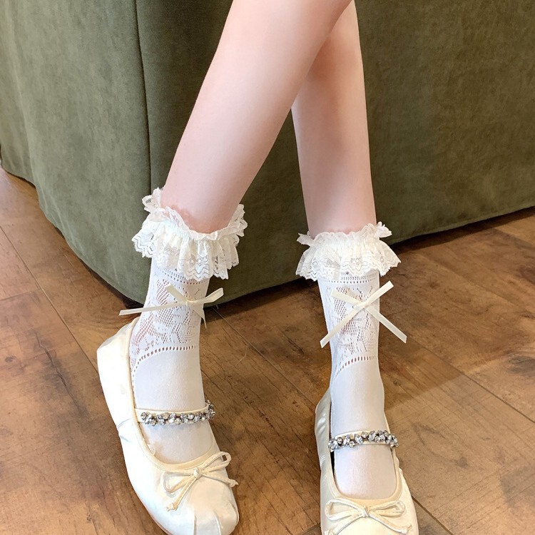 Lace Socks with Bow, Hollow Japanese Lolita Girl Ballet Style Calf Socks, Two-Wear Socks Lace Socks with Bow, Hollow Japanese Lolita Girl Ballet Style Calf Socks, Two-Wear Socks