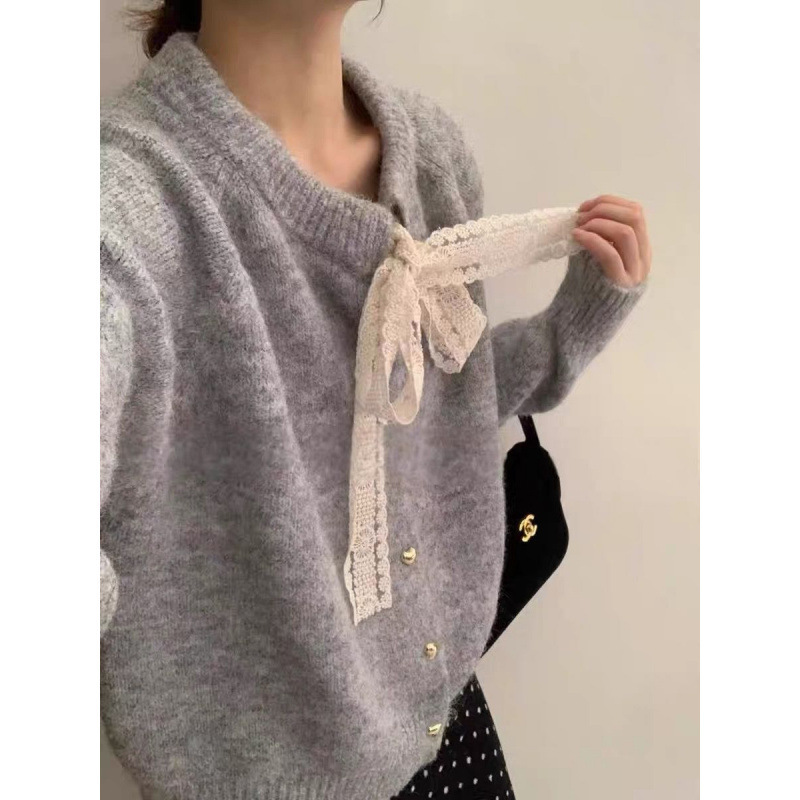设计感蕾丝系带毛衣开衫女2025新款秋冬季慵懒风厚软糯针织外套|undefined