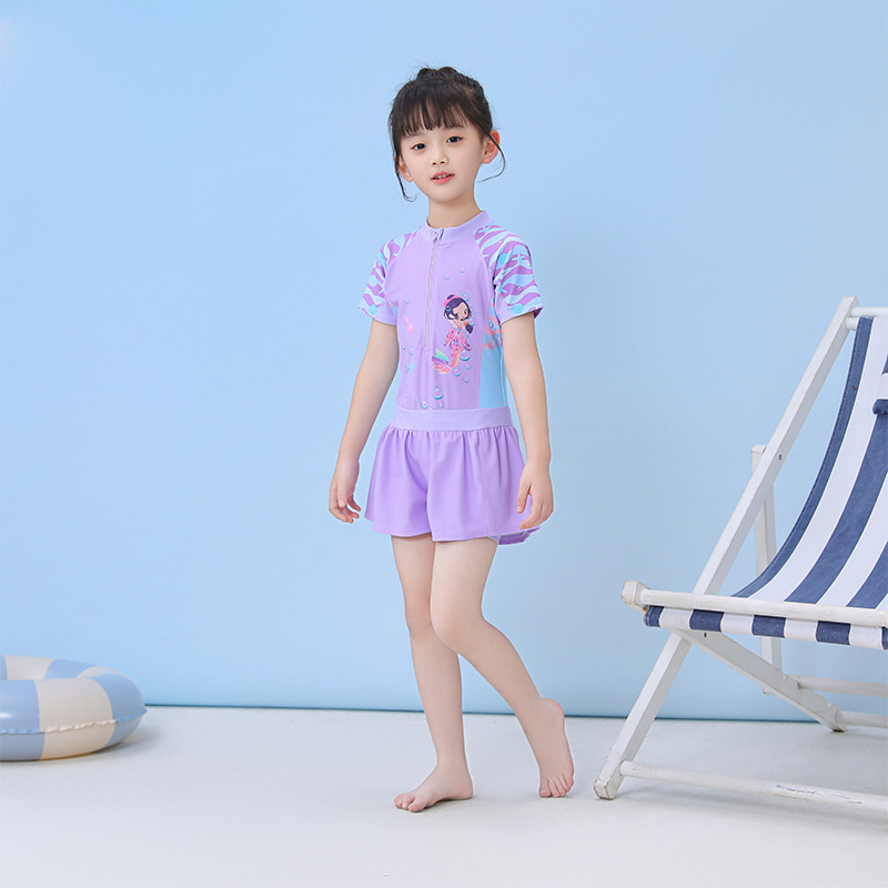 Traje de Baño Deportivo de Una Pieza de Manga Corta para Niñas de Poliéster Alta Elasticidad para Natación