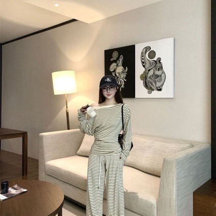 韩式条纹慵懒风套装秋季女斜肩长袖t恤上衣+高腰阔腿休闲裤