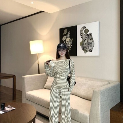 Korean-Style Striped Lazy Suit Autumn Women's Off-Shoulder Long-Sleeve T-Shirt Top + High-Waisted Wide-Leg Casual Pants