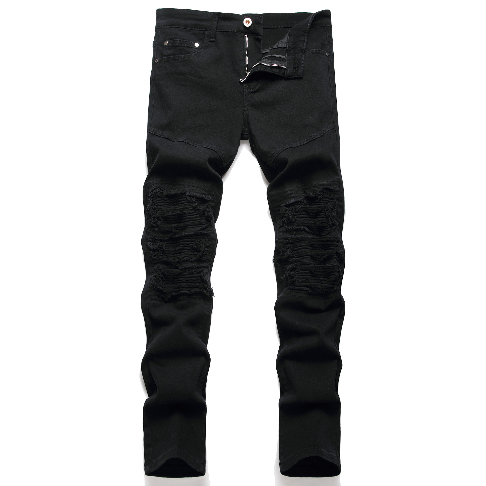 Black Motorcycle Hole Cat Whisker Men's Jeans Slim Straight AliExpress Europe And The United States Foreign Trade Amazon Trousers