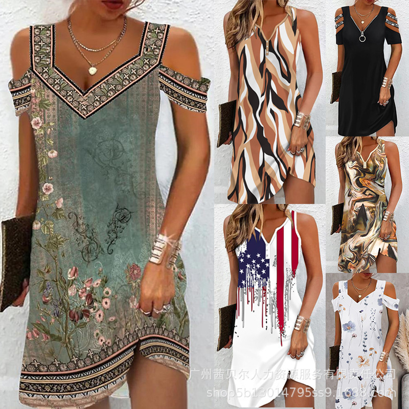 Ods3808Aa4 Series Export European and American New Fancy Decorative Watercolor Floral Off-Shoulder Mini Dress