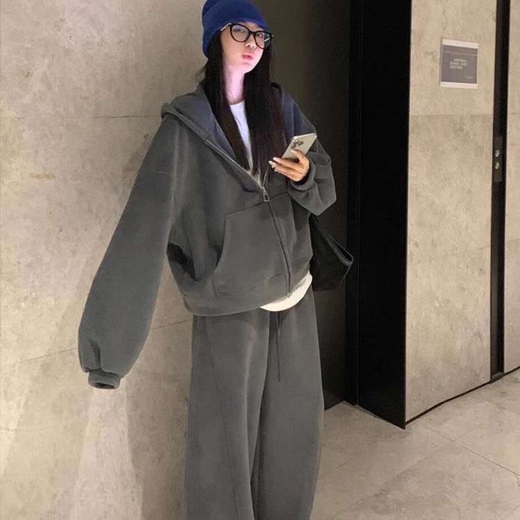 胖MM特大码300斤韩系运动服套装女秋冬新款连帽卫衣阔腿裤两件套2|undefined
