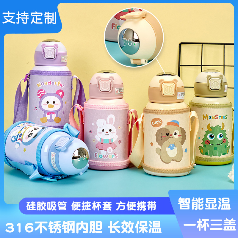 316 Stainless Steel Smart Children's Thermos Mug Baby Kettle Cute Student Cup Straw Water Cup Gift Wholesale