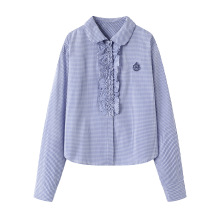 现货 2025秋季新款女时尚气质百搭学院风花边蓝色格纹衬衫3J3C401