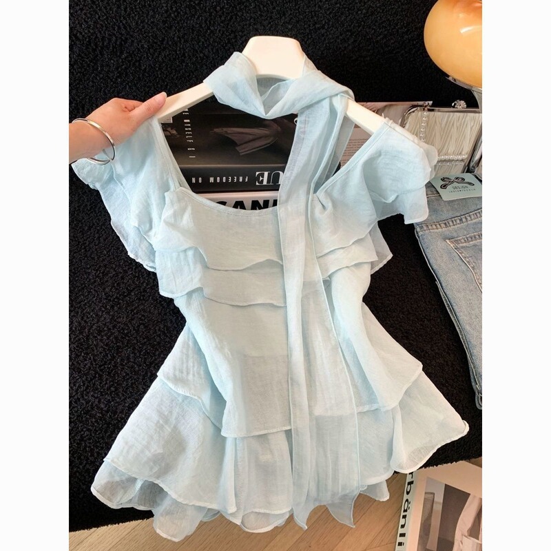 2026 Simple Solid Color Summer Style Layered Ruffles with Irregular Design Sweet Lace Sleeveless Shirt