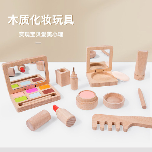Children's wooden makeup simulation dressing table color play role dress-up toy hairdressing set original wood solid wood toy