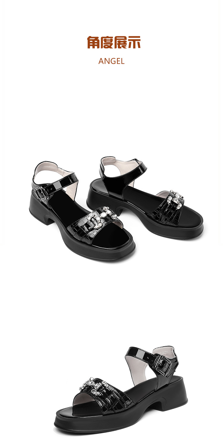 Sandal cao gót nữ da bò đế dày quai ngang đính đá — màu đen chi tiết 25