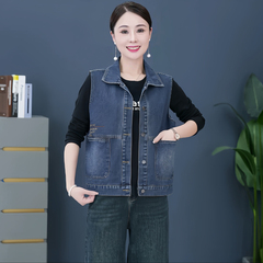 Designer-style denim waistcoat for women—casual sleeveless vest, autumn fashion short vest, chic and loose-fitting bolero top.