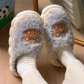 保暖棉拖鞋女2025秋冬季新款情侣拖鞋毛毛绒印花小熊厚底防滑增高