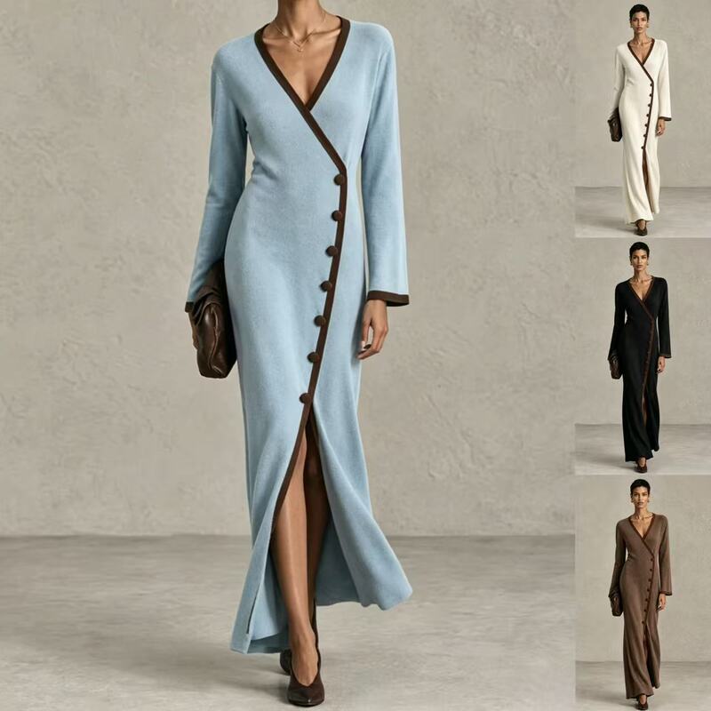 2026 European and American women's autumn and winter new collection: elegant solid-color V-neck dress with button detailing, high waist, and a long, slit design 2026 European and American women's autumn and winter new collection: elegant solid-color V-neck dress with button detailing, high waist, and a long, slit design