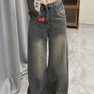 145小个子xs码复古做旧直筒牛仔裤女辣妹高腰显瘦垂感阔腿长裤潮