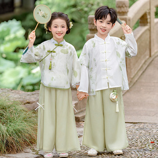 Autumn New Style Boys' Hanfu Two-Piece Set, Modernized Chinese-Style Girls' Cheongsam Suit for Mid-Autumn Festival, National Day, and School Performances