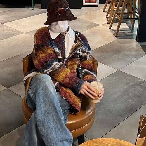 Autumn/Winter Color Striped Contrast Knit Sweater Loose Casual Unisex Slouchy V-Neck Cardigan for Men and Women Retro Style