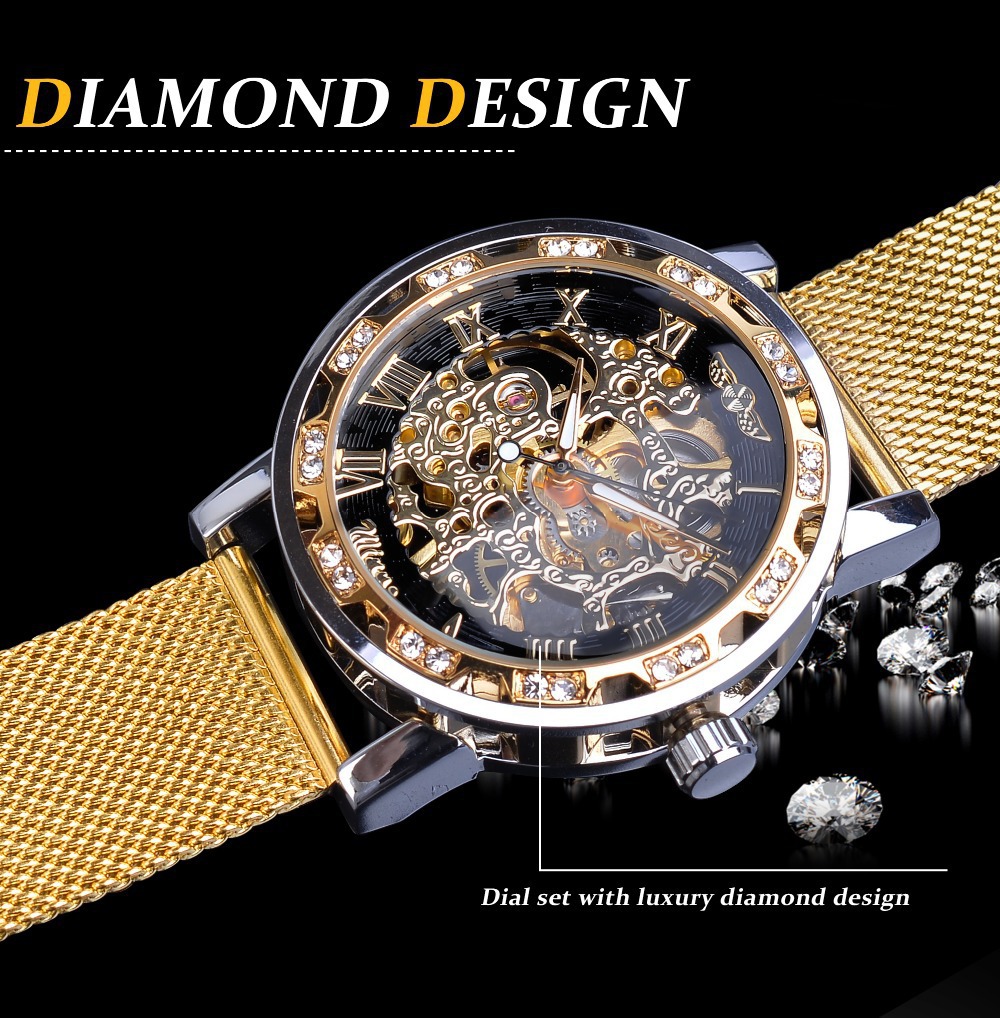 Men's Skeleton Mechanical Watch With Rhinestone Mesh Strap_voghion.com