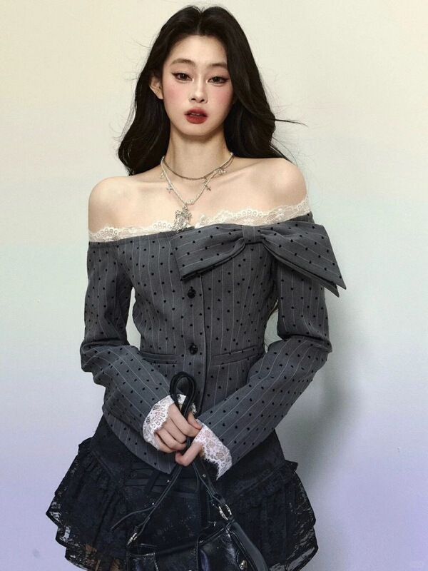 法式小香风甜辣一字领波点蝴蝶结设计感上衣女小众高腰半身裙套装|undefined
