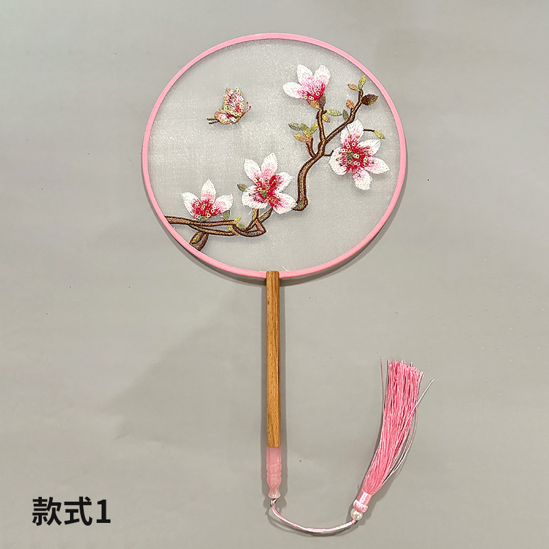 Abanico de grupo bordado Abanico redondo clásico Abanico de palacio Hanfu chino Estilo antiguo Mango largo Borla Cheongsam Ventilador de baile de seda transparente