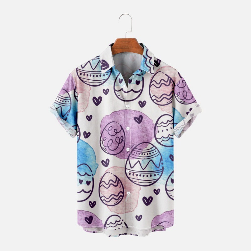 Pod New Cross-Border Temu Shirt Easter Element 3D Digital Printing Men's Loose Trendyy Lapel Short Sleeves