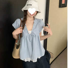 宽松韩版假两件短袖蓝色娃娃衫V领衬衫木耳边系带设计感上衣