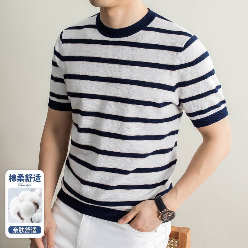 2026 New Summer Striped Loose Short-Sleeve Slimming Color-Block Stylish High-End Versatile Round-Neck Knit T-Shirt