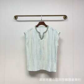 26夏季双色色织天丝麻订珠V领小飞袖度假短袖宽松百搭衬衫上衣女