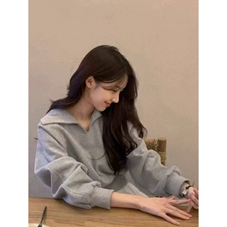 美式复古灰色翻领卫衣女秋季高级感宽松显瘦休闲百搭V领短款上衣