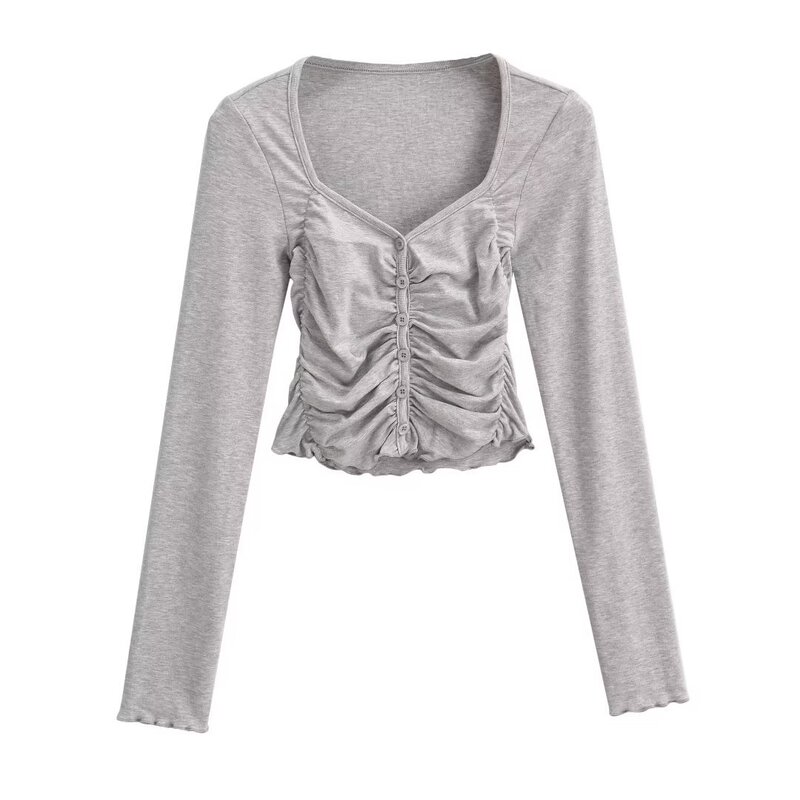 Hot girl Autumn new six-button full pleated square collar cardigan deep U collar sexy T-shirt small shirt