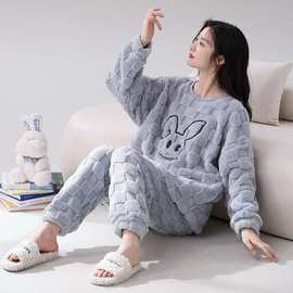 外贸大码珊瑚绒睡衣女秋冬季长袖女士睡衣居家服加绒女式睡衣套装