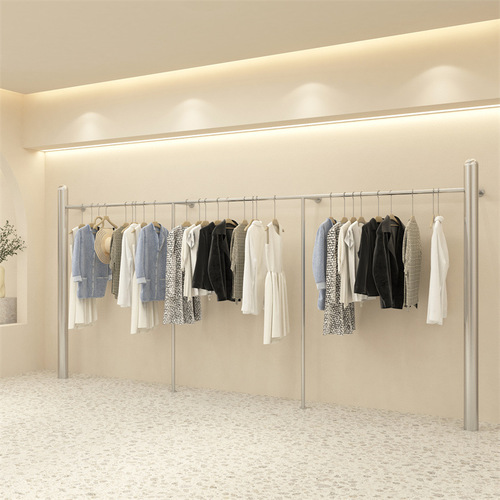 Clothing store display rack, floor-mounted stainless steel large tube wall hanger, women's clothing store shelf display props, rack