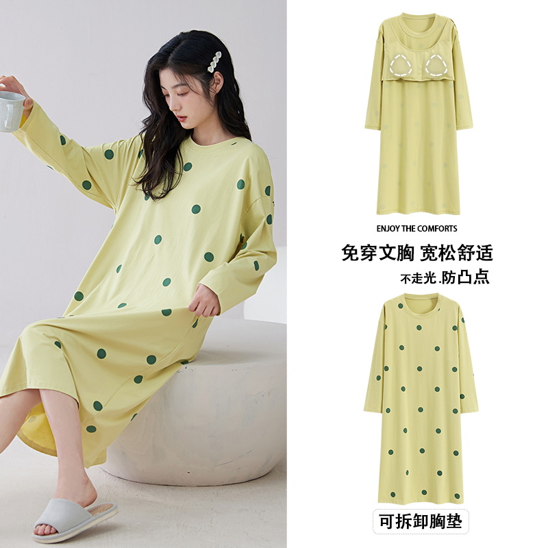 Camisón de las mujeres con almohadilla en el pecho verano primavera y otoño algodón manga larga delgada nuevo leopardo pijamas de algodón de las mujeres desgaste del hogar