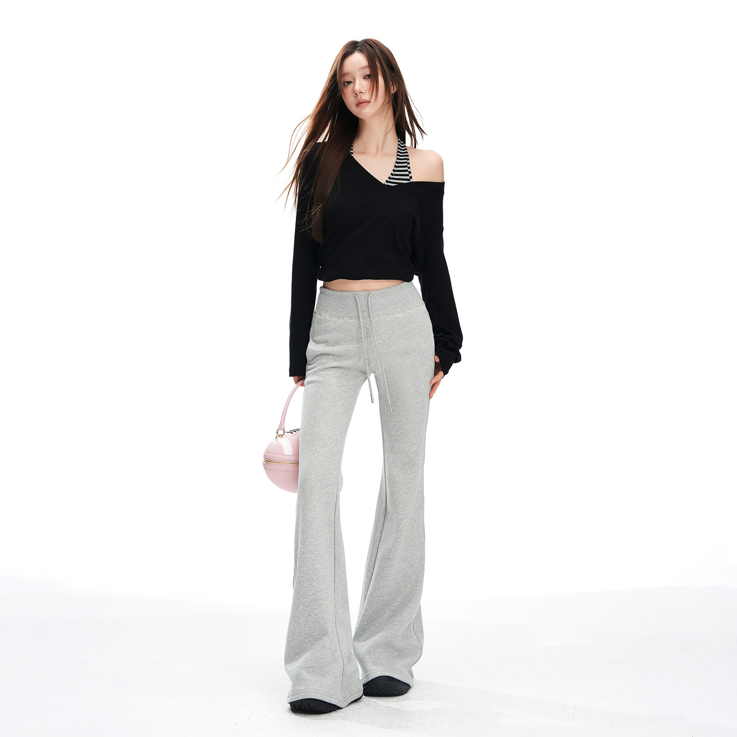 Gray Flared Casual Sweatpants for Women, Autumn and Winter American Style High-Waisted Slim Fit Lazy Jogger Yoga Pants