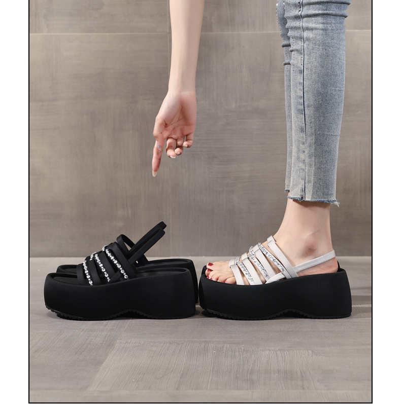 Sandal cao gót nữ hở mũi đính đá pha lê đế bánh xốp độn dày mùa hè 2025 — Màu đen, Màu bạc chi tiết 17