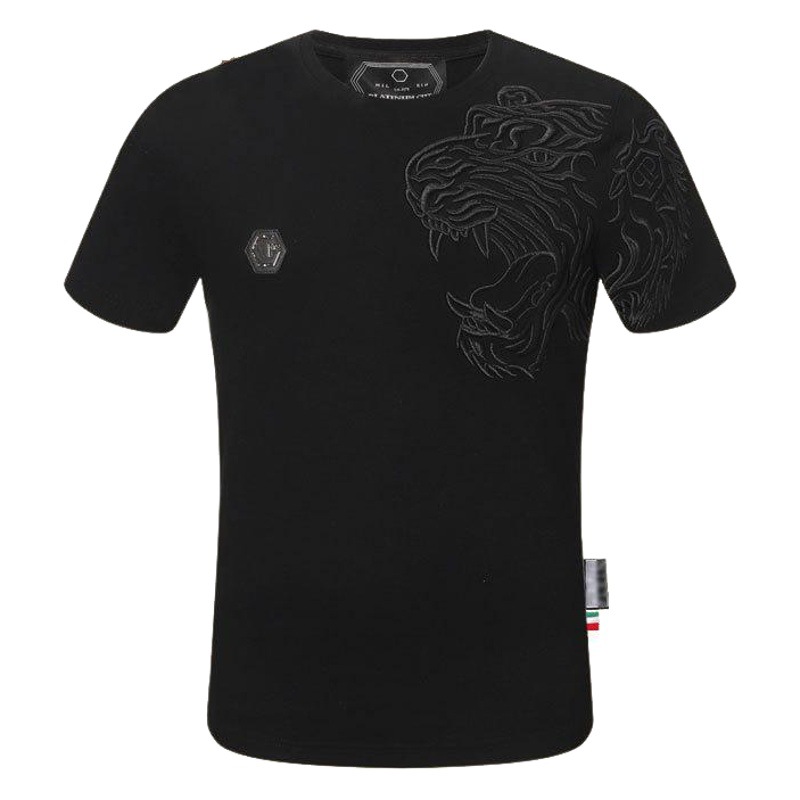 Europeo y americano PP moda marca Philip plann moda manga corta dragón exquisito bordado verano Camiseta cuello redondo Rhinestone