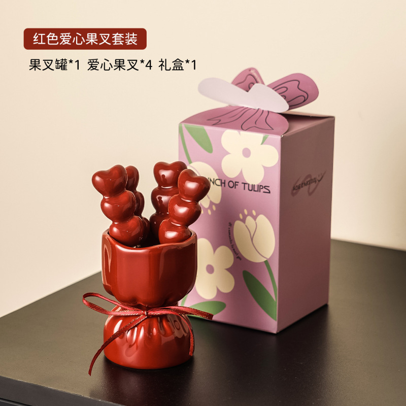 可爱甜品水果签水果叉家用餐具不锈钢高颜值喜庆收纳罐小叉子套装|undefined