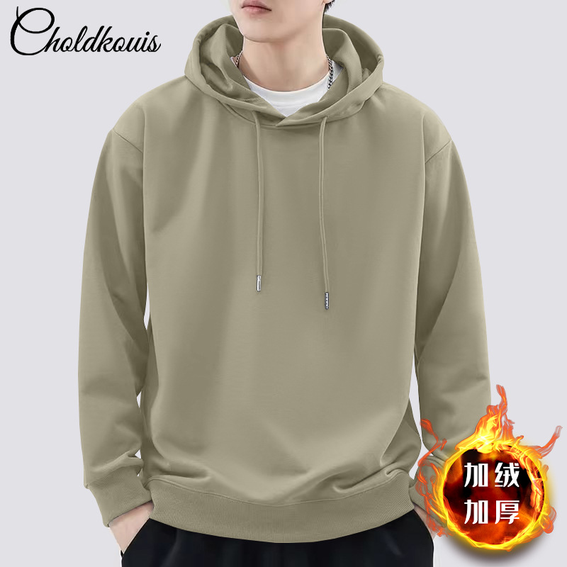 오트밀 그레이 후드 스웨트셔츠 플러스 벨벳 스타일 - 솔리드 컬러 [GL]