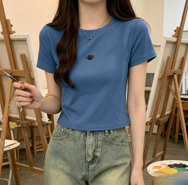 Short Tops for Women 2026 Summer New Style Burgundy Round Neck Cotton Short-Sleeved T-Shirt Versatile Round Neck Print