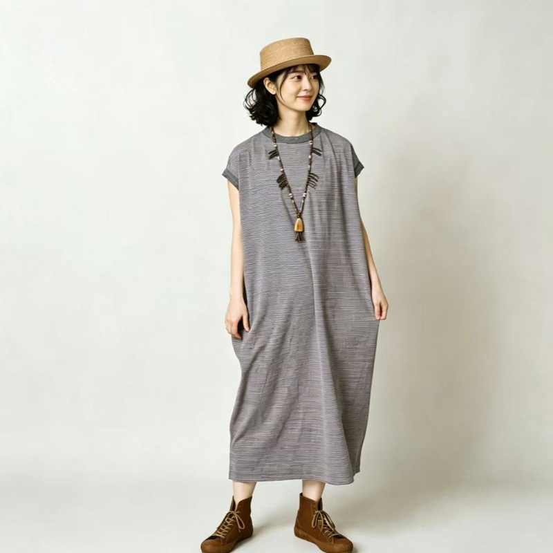 Original Factory Direct Supply Export Clothing Cc45R Ultra-Fine Striped M-Type Short-Sleeve Long Dress Japanese Style New Women's Dress Original Factory Direct Supply Export Clothing Cc45R Ultra-Fine Striped M-Type Short-Sleeve Long Dress Japanese Style New Women's Dress