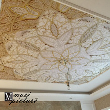 奢华酒店琉璃阁天护板吊顶墙壁纸欧式金色花纹客厅棚顶装饰3d壁画