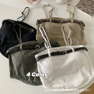 New Workwear Style Sexy Camisole with Shoulder Straps and Belt Design, Beautiful Back and Bottoming Short Top for Women
